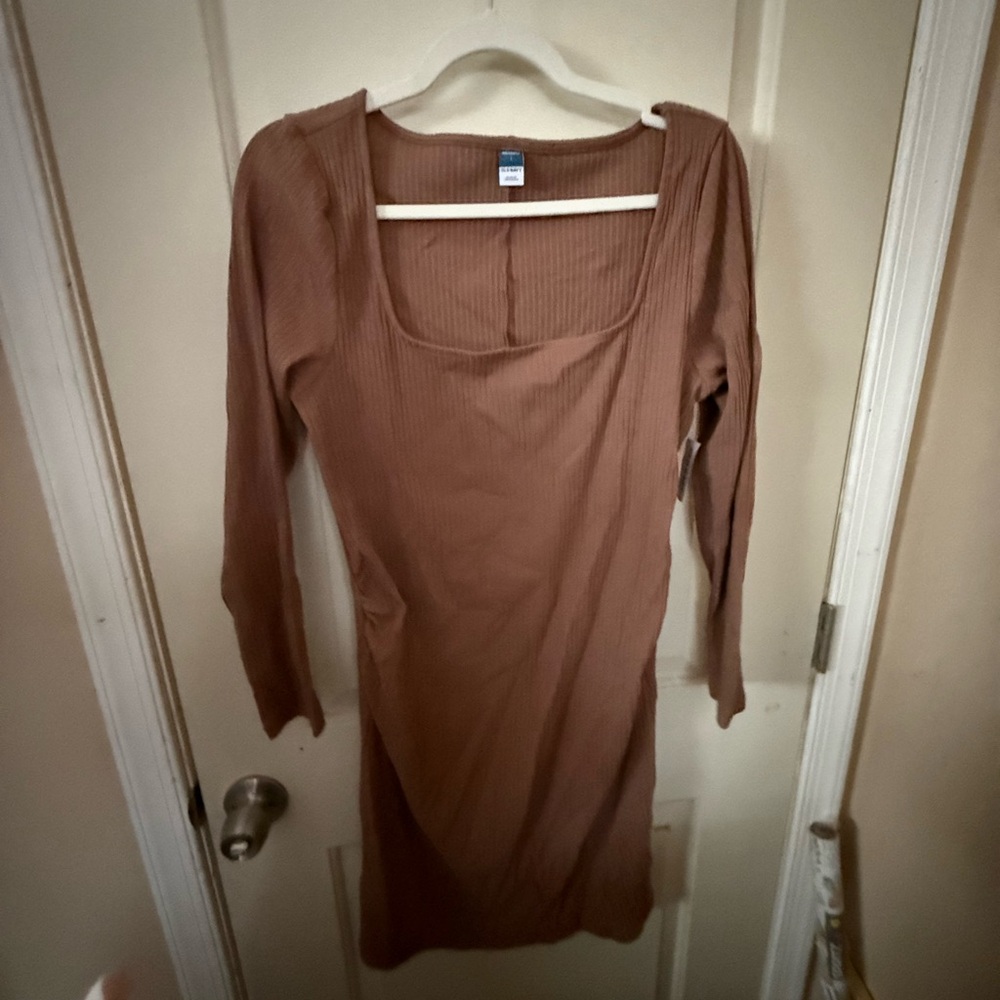 Maternity Brown Ribbed Long Sleeve Dress